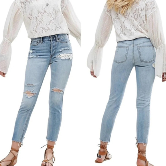Free People Denim - Free People Lacey Stilt Distressed Denim Lace Trim Jeans Light Blue Size 28